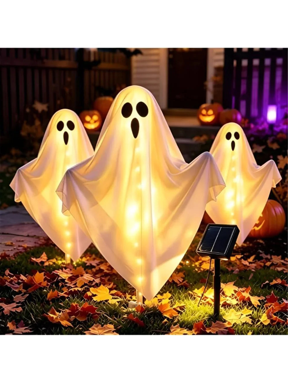 3-Pack & Solar Powered Ghost Halloween Decorations Outdoor, Auto On/Off